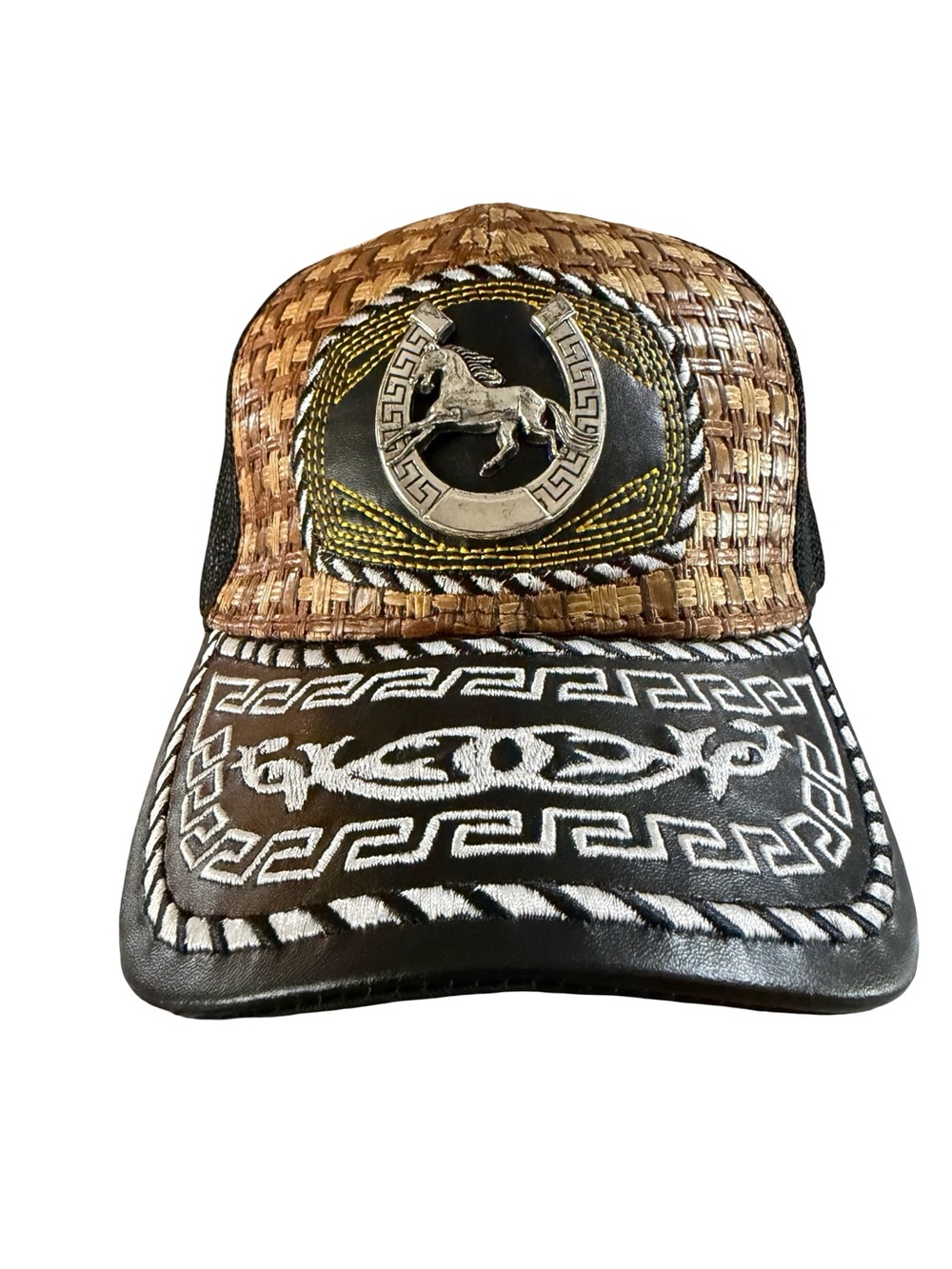 Stylish Brown Woven & Embroidered Black Leather Trucker Cap with Horse Emblem